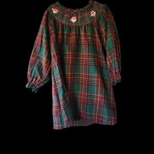 Vintage Girls Green & Red Plaid Christmas Dress W/ Smocked Santa Embroidery Long
